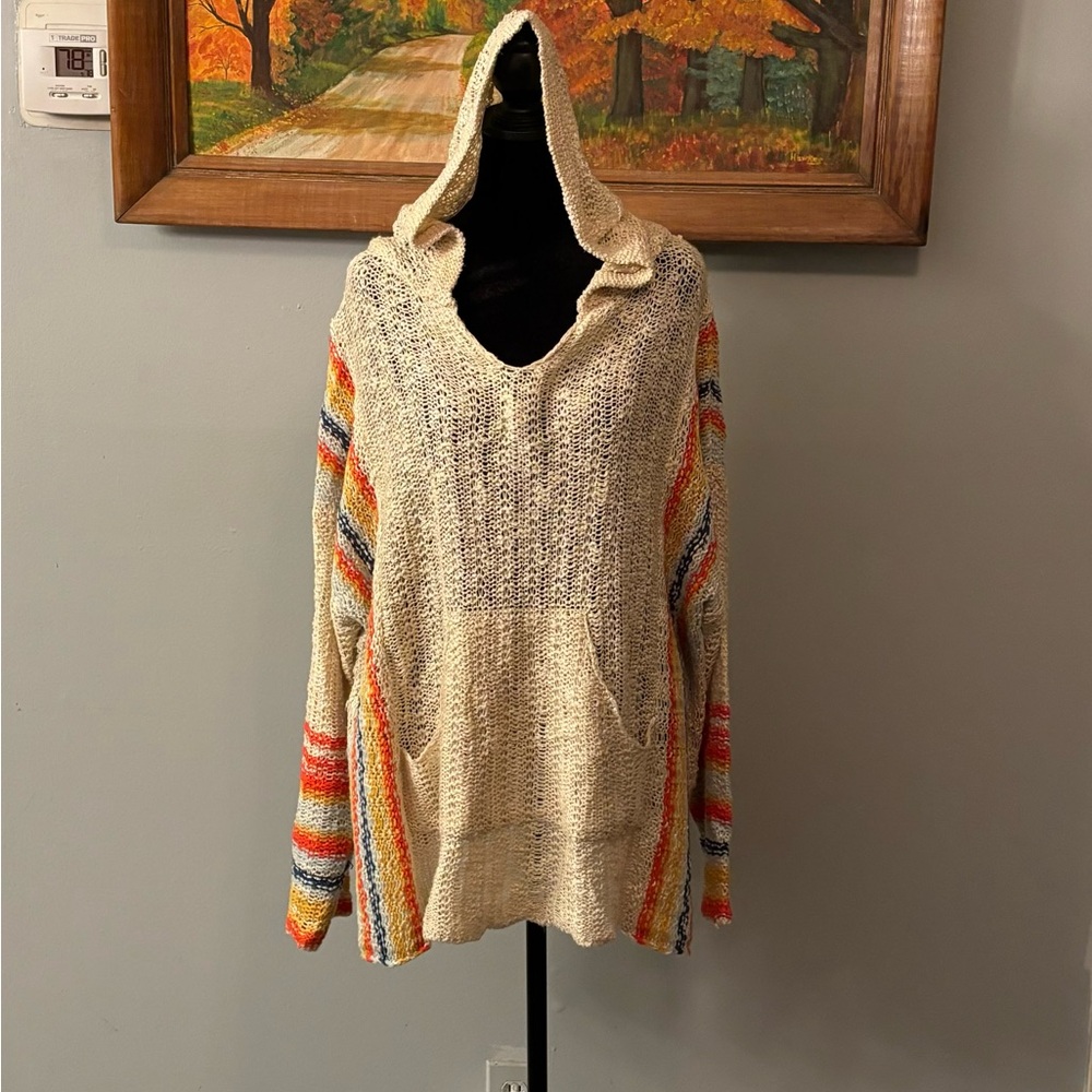 EASEL Tunic V-Neck Lightweight Knit Hooded Sweater With Pockets Size Large